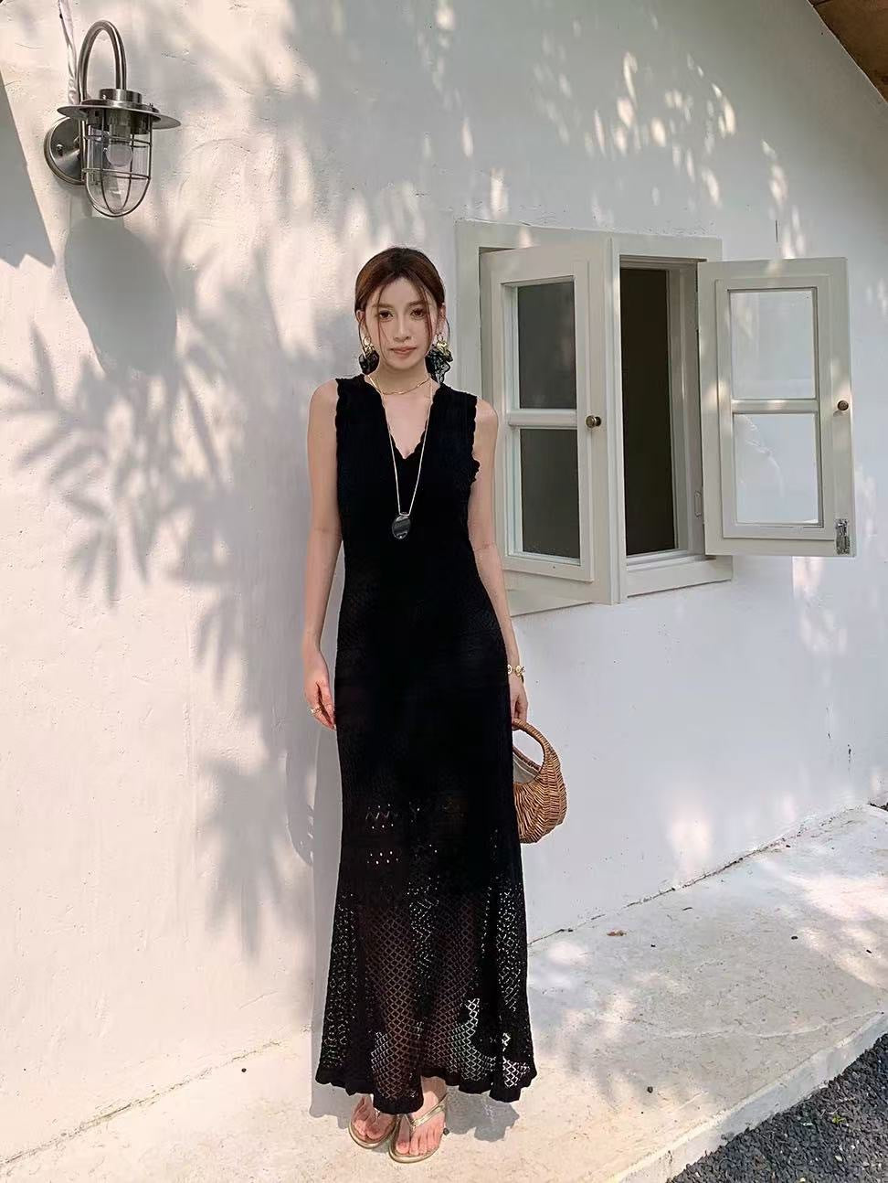 Chic Hollow Knit Dress, Sleeveless Long Dress