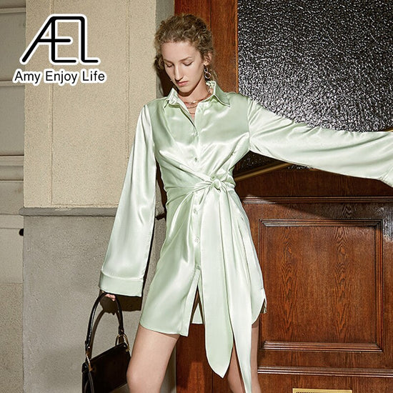 AEL Summer Satin Shirt Dress Women Lace Up Loose Streetwear Light Green Pajama Look 100% Acetate Fibre