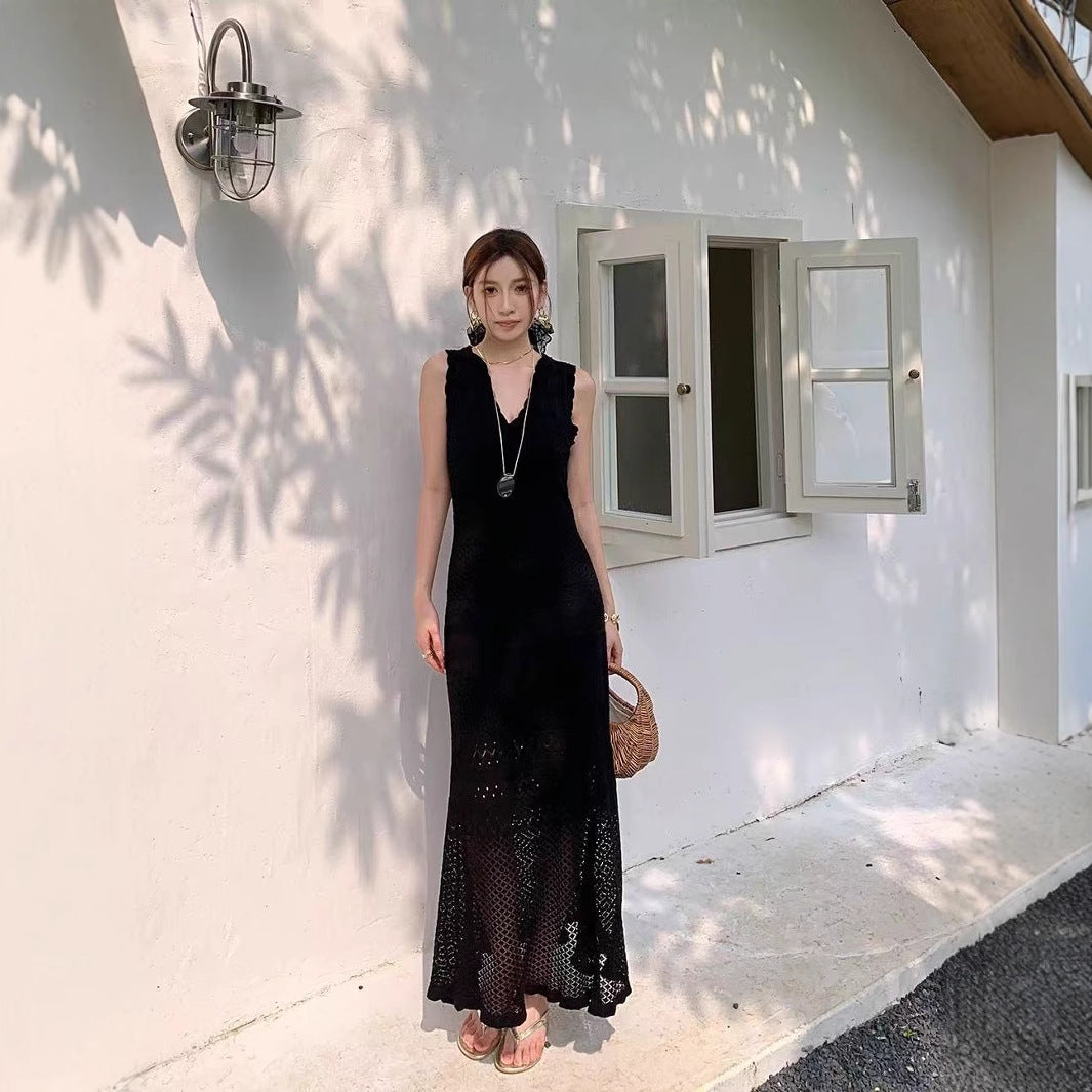 Chic Hollow Knit Dress, Sleeveless Long Dress