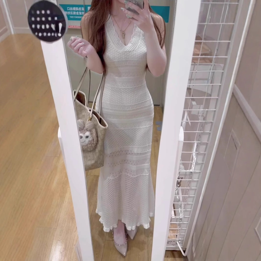 Chic Hollow Knit Dress, Sleeveless Long Dress