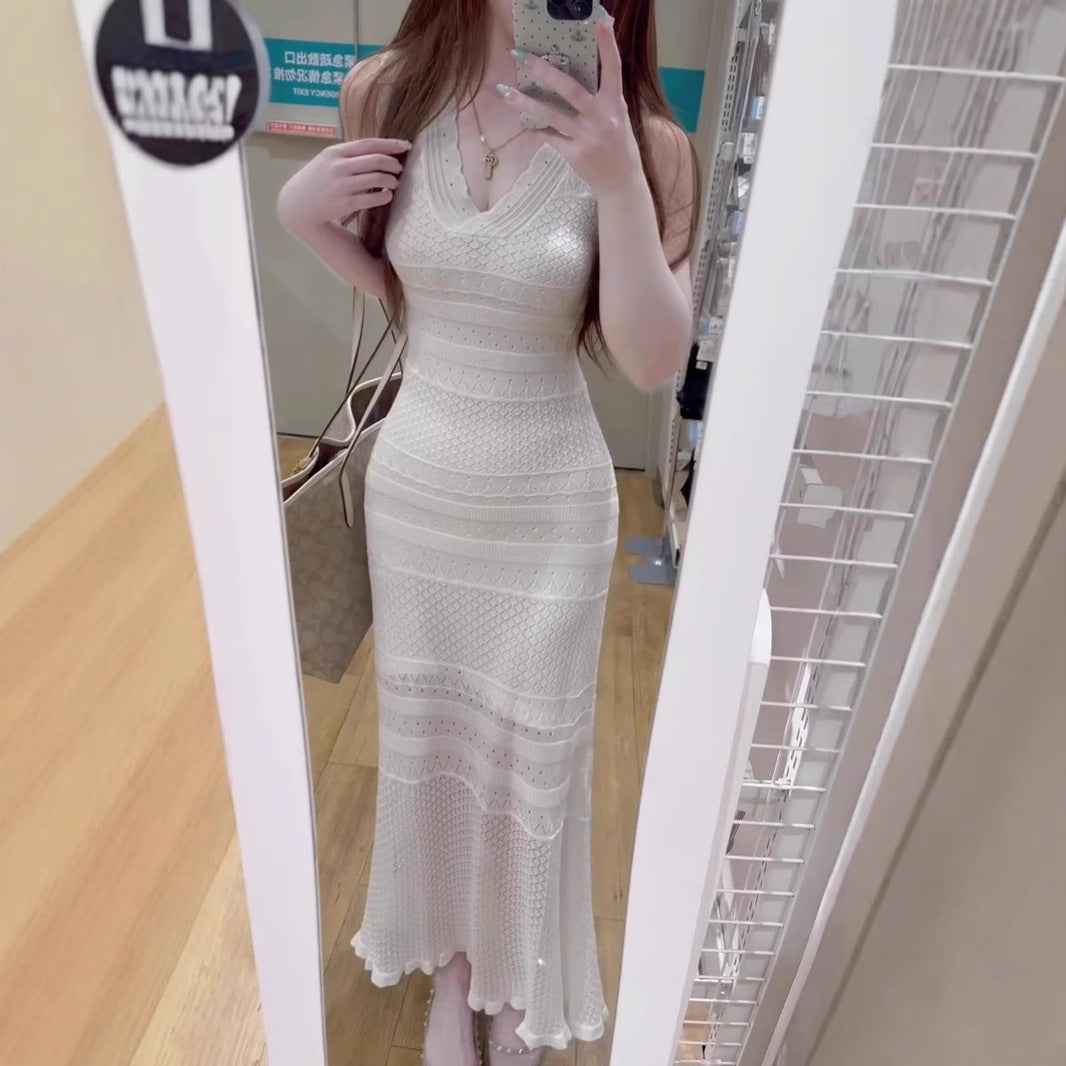 Chic Hollow Knit Dress, Sleeveless Long Dress